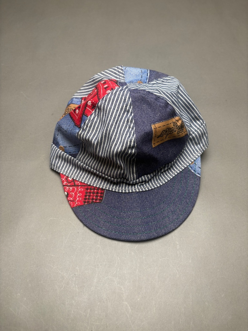 Vintage Rodeo Patchwork Denim Stripe Cap with Red Bandana Accents